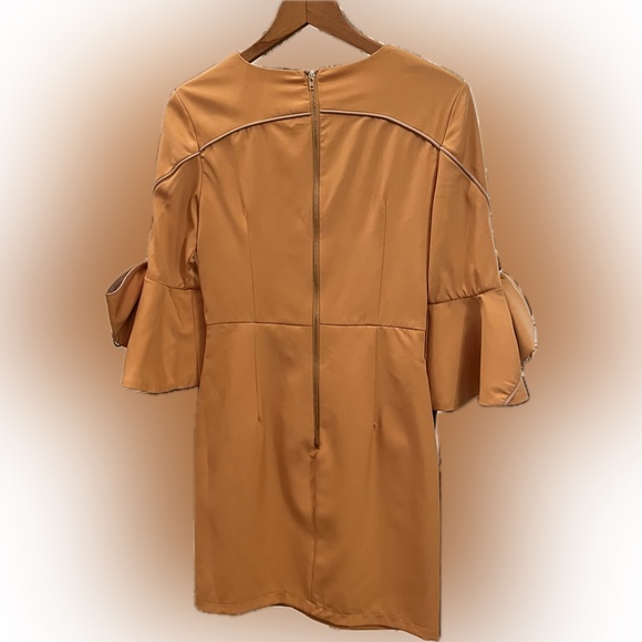 Mustard Yellow/Gold Mini Dress with Statement Bow Sleeves - Picture 2 of 8